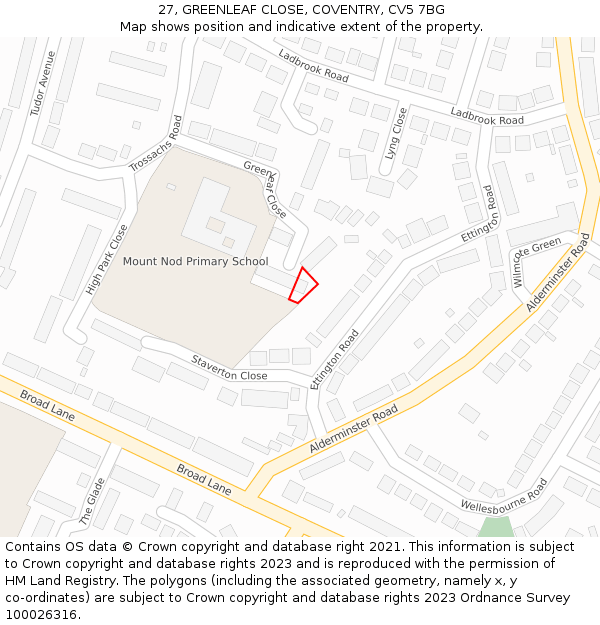 27, GREENLEAF CLOSE, COVENTRY, CV5 7BG: Location map and indicative extent of plot