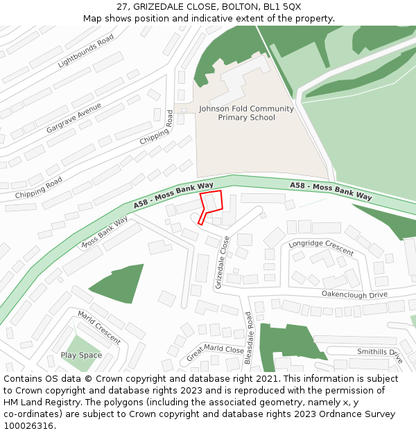 27, GRIZEDALE CLOSE, BOLTON, BL1 5QX: Location map and indicative extent of plot