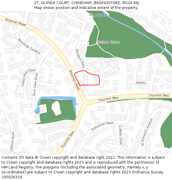 27, GUINEA COURT, CHINEHAM, BASINGSTOKE, RG24 8XJ: Location map and indicative extent of plot