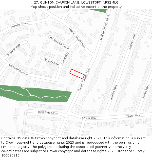 27, GUNTON CHURCH LANE, LOWESTOFT, NR32 4LG: Location map and indicative extent of plot