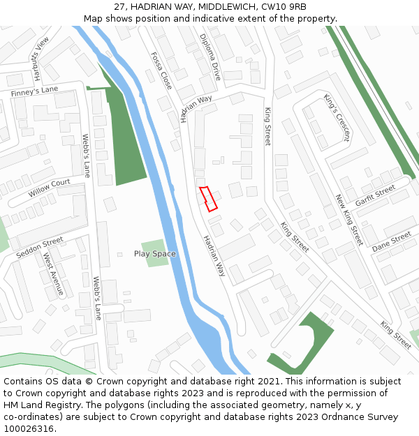 27, HADRIAN WAY, MIDDLEWICH, CW10 9RB: Location map and indicative extent of plot