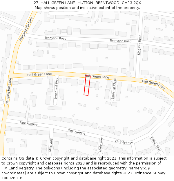 27, HALL GREEN LANE, HUTTON, BRENTWOOD, CM13 2QX: Location map and indicative extent of plot