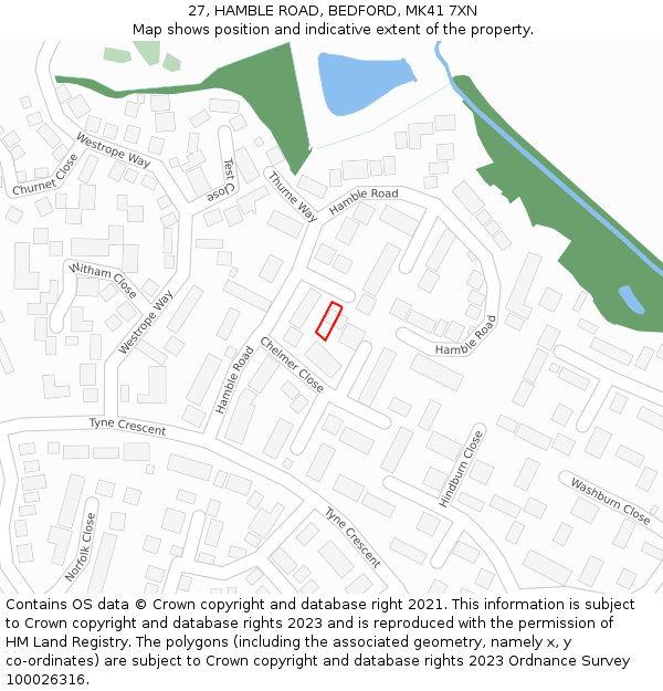 27, HAMBLE ROAD, BEDFORD, MK41 7XN: Location map and indicative extent of plot
