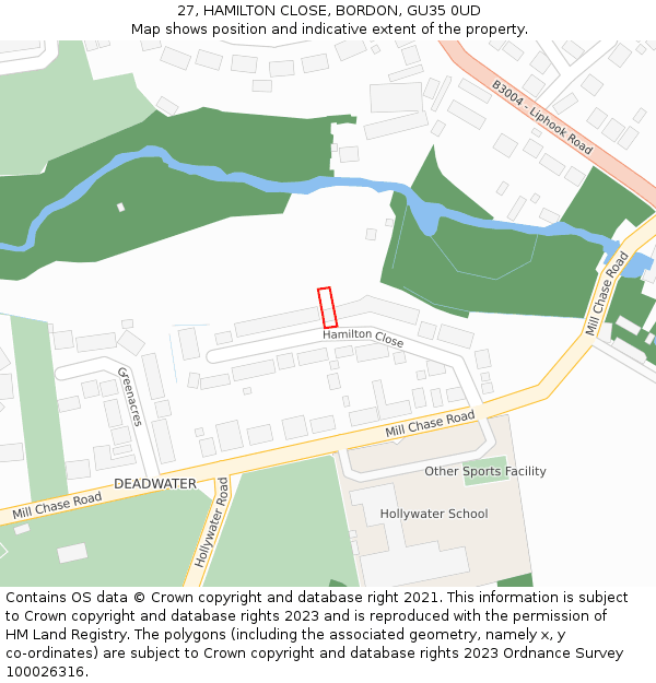 27, HAMILTON CLOSE, BORDON, GU35 0UD: Location map and indicative extent of plot