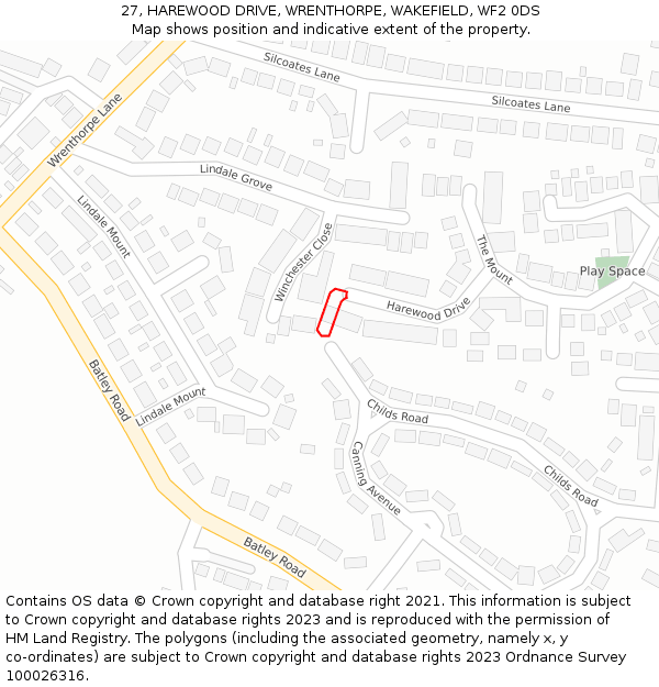 27, HAREWOOD DRIVE, WRENTHORPE, WAKEFIELD, WF2 0DS: Location map and indicative extent of plot