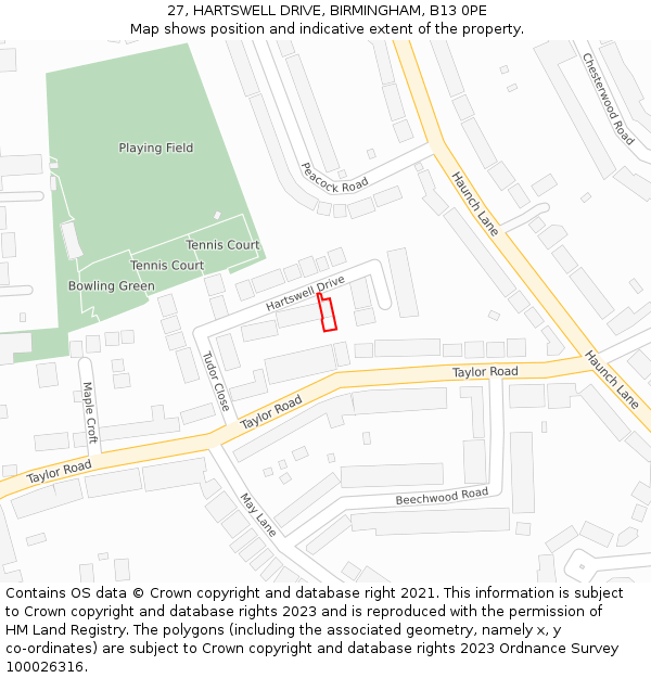 27, HARTSWELL DRIVE, BIRMINGHAM, B13 0PE: Location map and indicative extent of plot