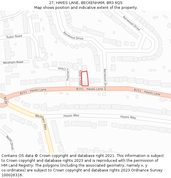 27, HAYES LANE, BECKENHAM, BR3 6QS: Location map and indicative extent of plot