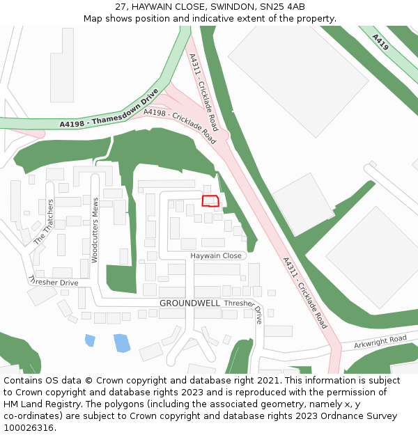 27, HAYWAIN CLOSE, SWINDON, SN25 4AB: Location map and indicative extent of plot