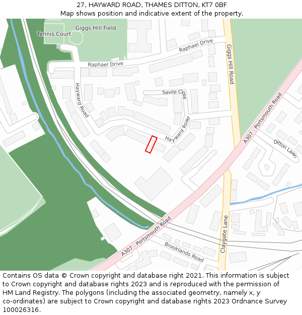 27, HAYWARD ROAD, THAMES DITTON, KT7 0BF: Location map and indicative extent of plot