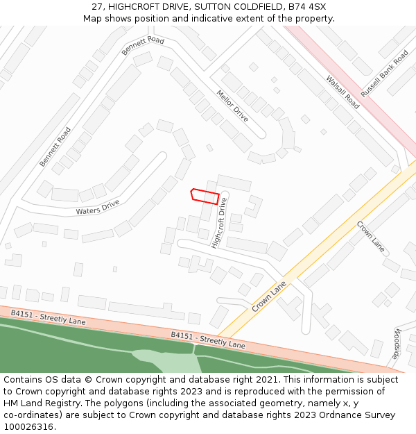 27, HIGHCROFT DRIVE, SUTTON COLDFIELD, B74 4SX: Location map and indicative extent of plot