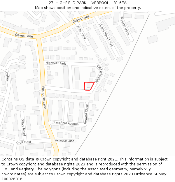 27, HIGHFIELD PARK, LIVERPOOL, L31 6EA: Location map and indicative extent of plot