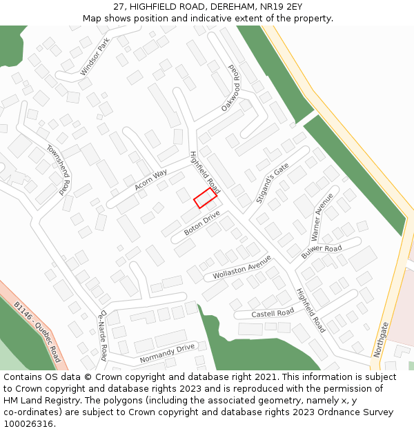 27, HIGHFIELD ROAD, DEREHAM, NR19 2EY: Location map and indicative extent of plot