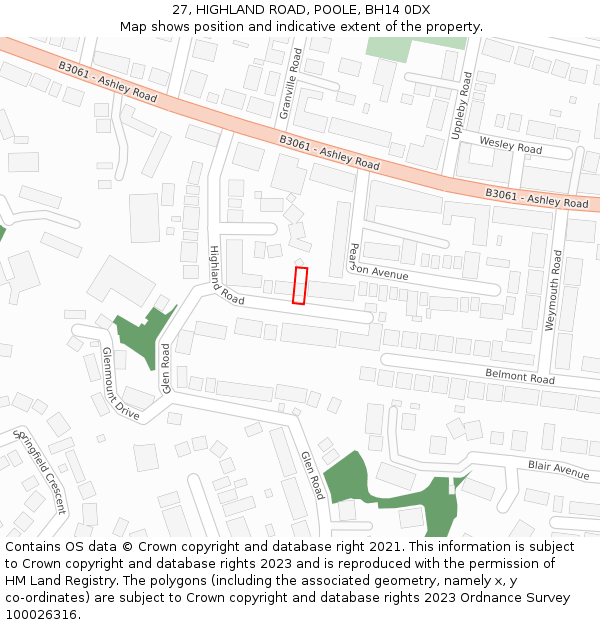 27, HIGHLAND ROAD, POOLE, BH14 0DX: Location map and indicative extent of plot