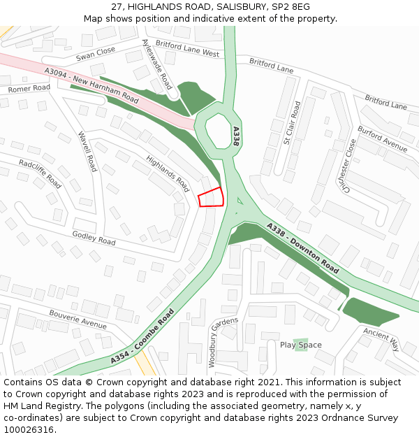27, HIGHLANDS ROAD, SALISBURY, SP2 8EG: Location map and indicative extent of plot