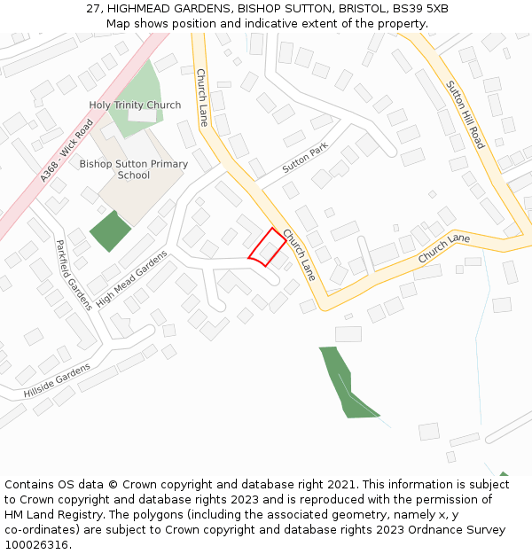 27, HIGHMEAD GARDENS, BISHOP SUTTON, BRISTOL, BS39 5XB: Location map and indicative extent of plot