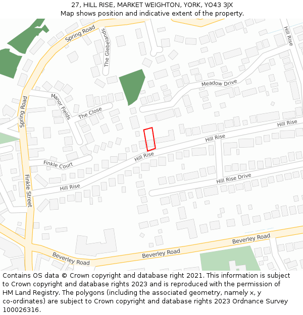 27, HILL RISE, MARKET WEIGHTON, YORK, YO43 3JX: Location map and indicative extent of plot