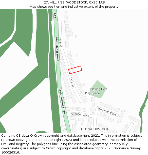 27, HILL RISE, WOODSTOCK, OX20 1AB: Location map and indicative extent of plot