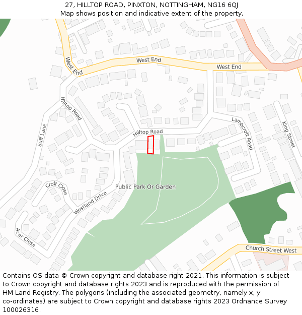 27, HILLTOP ROAD, PINXTON, NOTTINGHAM, NG16 6QJ: Location map and indicative extent of plot