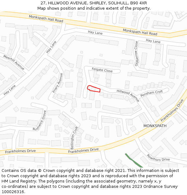 27, HILLWOOD AVENUE, SHIRLEY, SOLIHULL, B90 4XR: Location map and indicative extent of plot