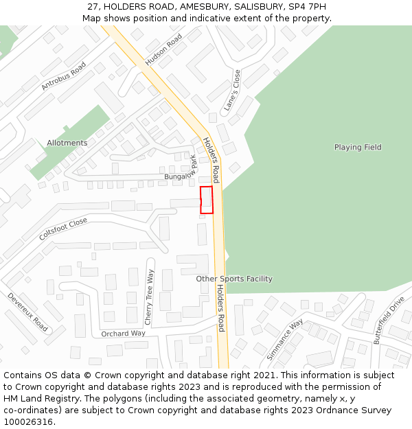 27, HOLDERS ROAD, AMESBURY, SALISBURY, SP4 7PH: Location map and indicative extent of plot