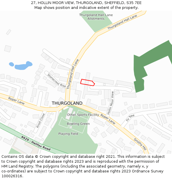 27, HOLLIN MOOR VIEW, THURGOLAND, SHEFFIELD, S35 7EE: Location map and indicative extent of plot