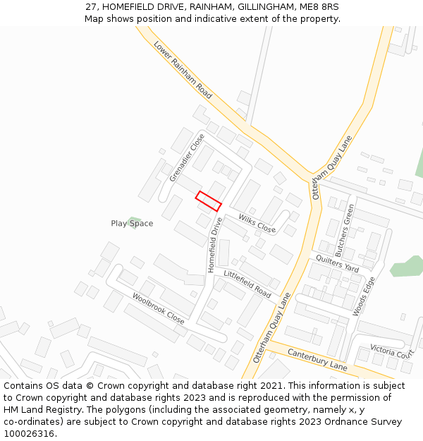27, HOMEFIELD DRIVE, RAINHAM, GILLINGHAM, ME8 8RS: Location map and indicative extent of plot