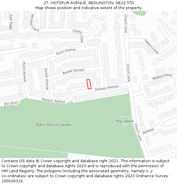 27, HOTSPUR AVENUE, BEDLINGTON, NE22 5TD: Location map and indicative extent of plot