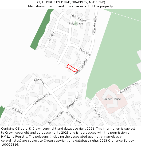 27, HUMPHRIES DRIVE, BRACKLEY, NN13 6NQ: Location map and indicative extent of plot