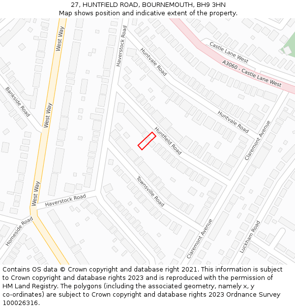 27, HUNTFIELD ROAD, BOURNEMOUTH, BH9 3HN: Location map and indicative extent of plot