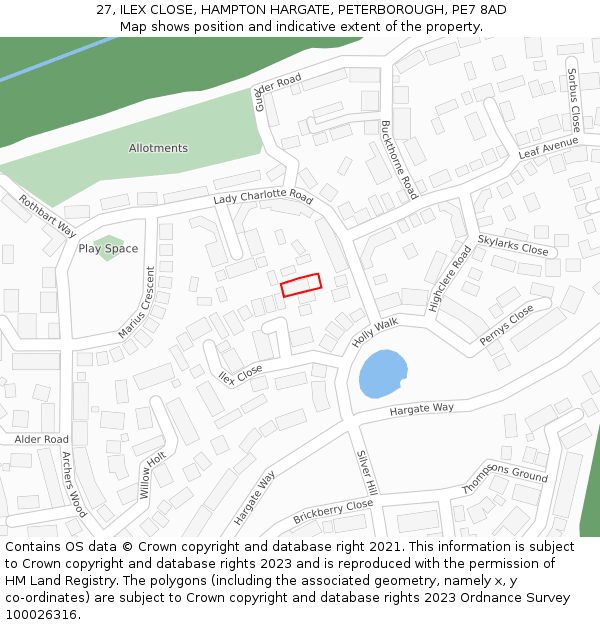 27, ILEX CLOSE, HAMPTON HARGATE, PETERBOROUGH, PE7 8AD: Location map and indicative extent of plot