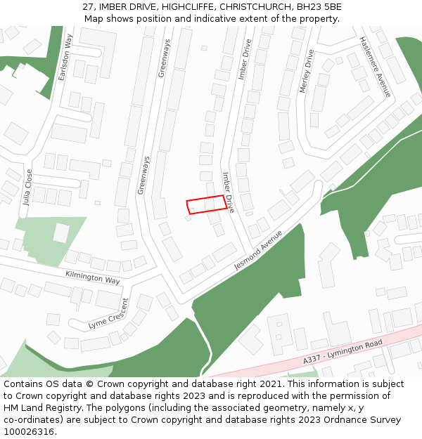 27, IMBER DRIVE, HIGHCLIFFE, CHRISTCHURCH, BH23 5BE: Location map and indicative extent of plot