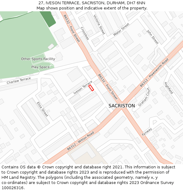 27, IVESON TERRACE, SACRISTON, DURHAM, DH7 6NN: Location map and indicative extent of plot