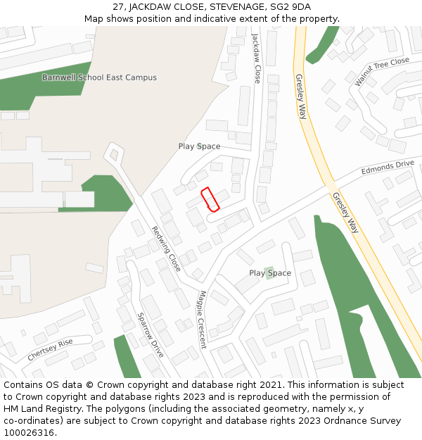 27, JACKDAW CLOSE, STEVENAGE, SG2 9DA: Location map and indicative extent of plot
