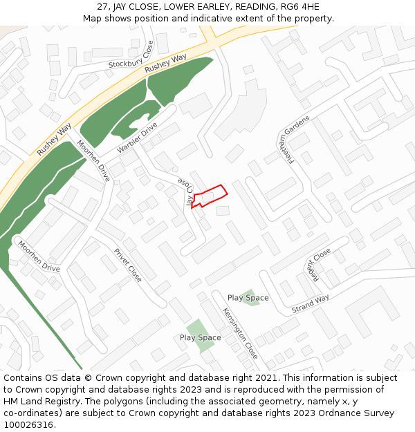 27, JAY CLOSE, LOWER EARLEY, READING, RG6 4HE: Location map and indicative extent of plot