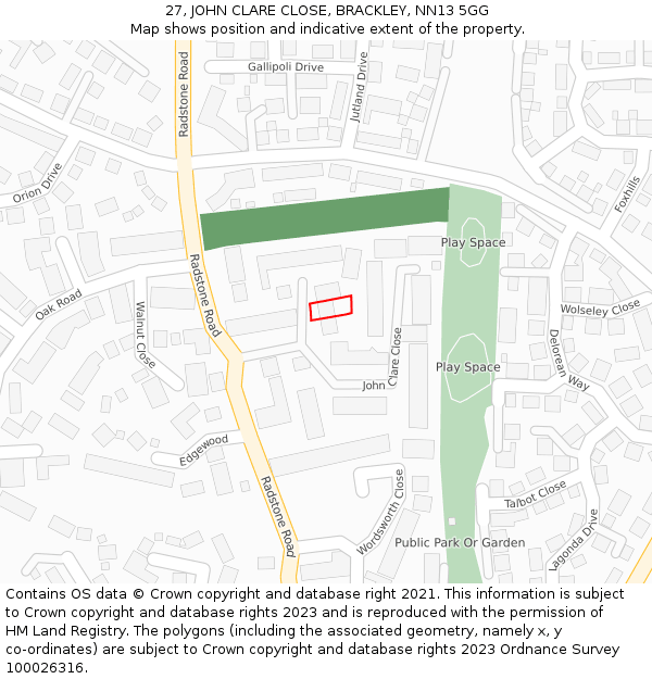 27, JOHN CLARE CLOSE, BRACKLEY, NN13 5GG: Location map and indicative extent of plot