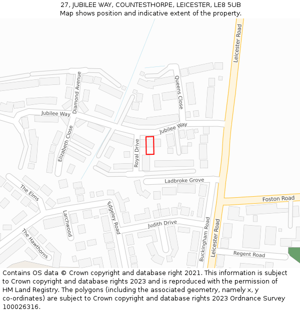 27, JUBILEE WAY, COUNTESTHORPE, LEICESTER, LE8 5UB: Location map and indicative extent of plot