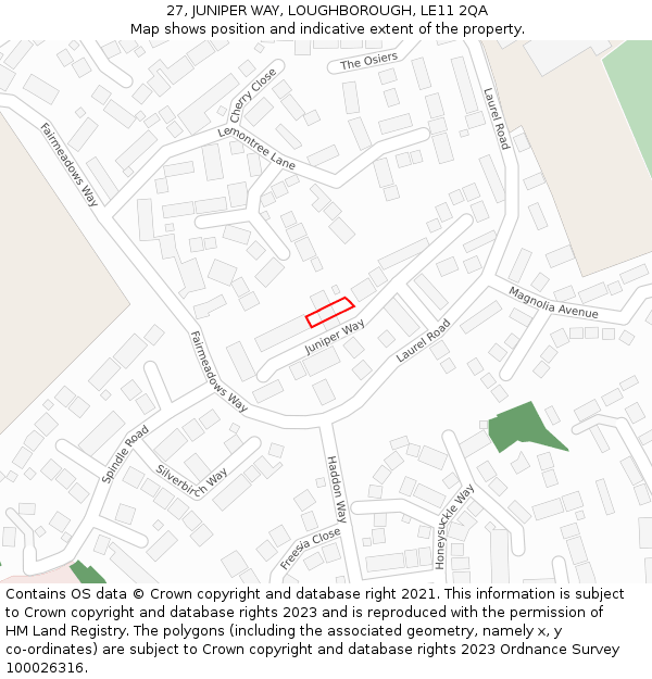 27, JUNIPER WAY, LOUGHBOROUGH, LE11 2QA: Location map and indicative extent of plot