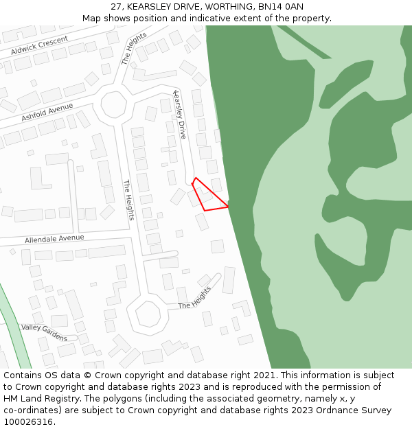 27, KEARSLEY DRIVE, WORTHING, BN14 0AN: Location map and indicative extent of plot