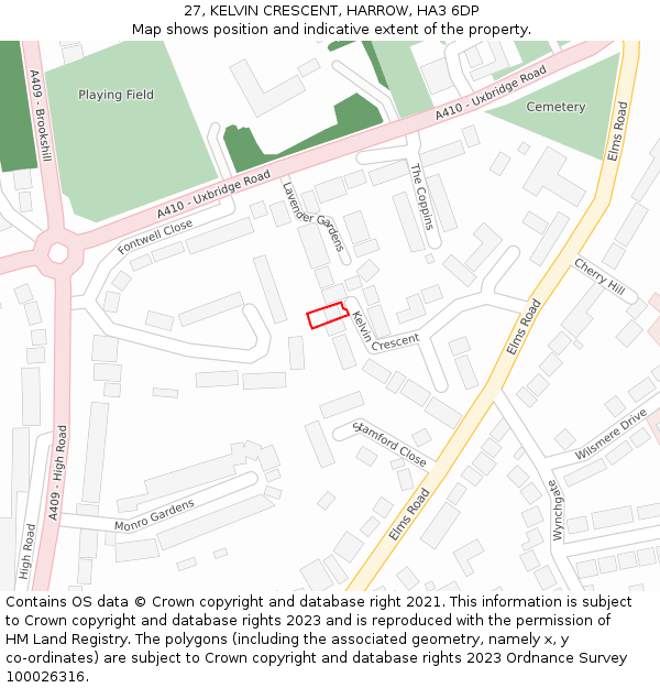 27, KELVIN CRESCENT, HARROW, HA3 6DP: Location map and indicative extent of plot