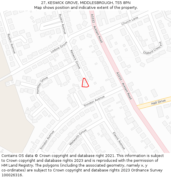 27, KESWICK GROVE, MIDDLESBROUGH, TS5 8PN: Location map and indicative extent of plot