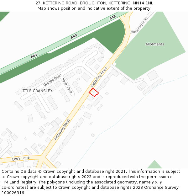 27, KETTERING ROAD, BROUGHTON, KETTERING, NN14 1NL: Location map and indicative extent of plot