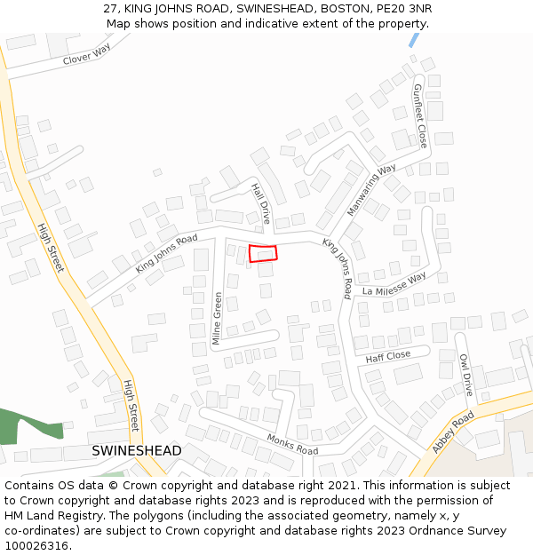 27, KING JOHNS ROAD, SWINESHEAD, BOSTON, PE20 3NR: Location map and indicative extent of plot