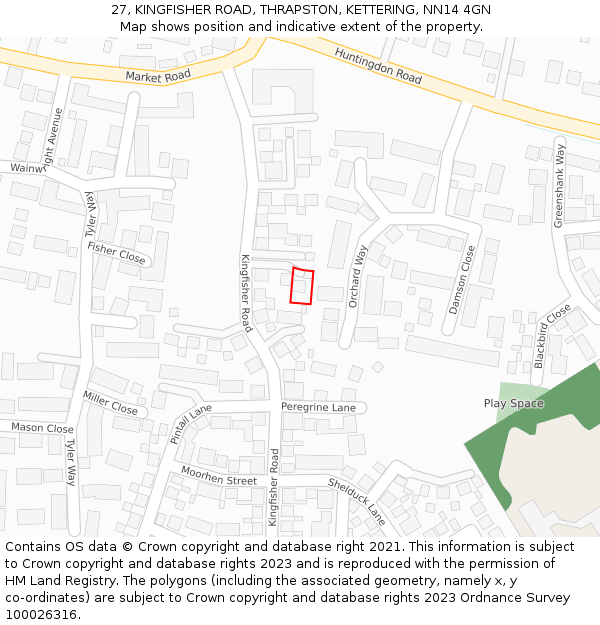 27, KINGFISHER ROAD, THRAPSTON, KETTERING, NN14 4GN: Location map and indicative extent of plot