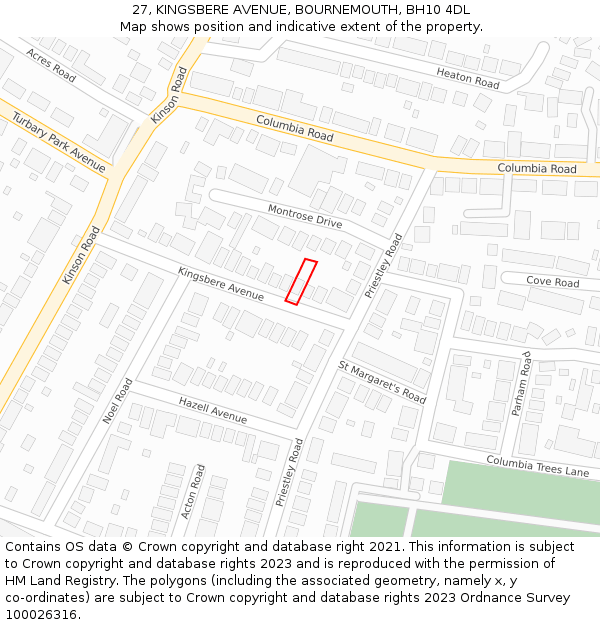 27, KINGSBERE AVENUE, BOURNEMOUTH, BH10 4DL: Location map and indicative extent of plot