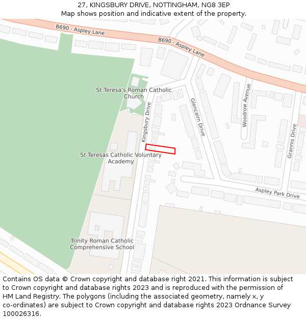 27, KINGSBURY DRIVE, NOTTINGHAM, NG8 3EP: Location map and indicative extent of plot
