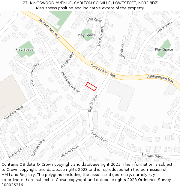 27, KINGSWOOD AVENUE, CARLTON COLVILLE, LOWESTOFT, NR33 8BZ: Location map and indicative extent of plot