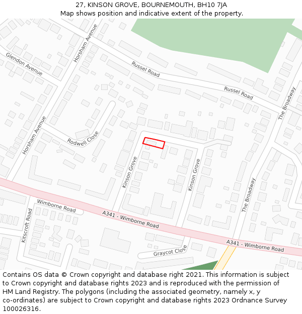 27, KINSON GROVE, BOURNEMOUTH, BH10 7JA: Location map and indicative extent of plot