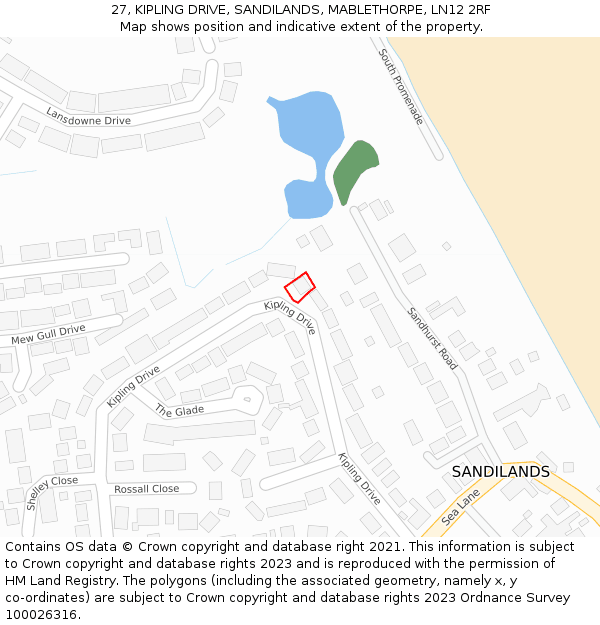 27, KIPLING DRIVE, SANDILANDS, MABLETHORPE, LN12 2RF: Location map and indicative extent of plot