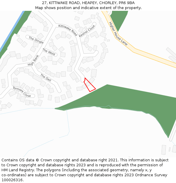 27, KITTIWAKE ROAD, HEAPEY, CHORLEY, PR6 9BA: Location map and indicative extent of plot