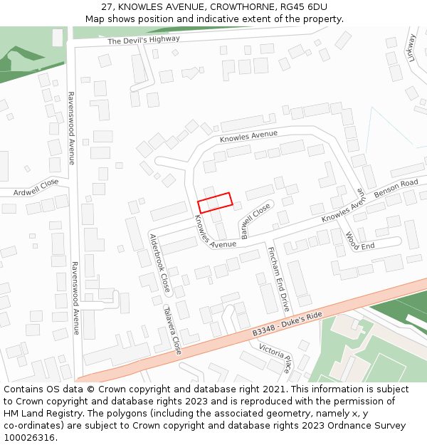 27, KNOWLES AVENUE, CROWTHORNE, RG45 6DU: Location map and indicative extent of plot